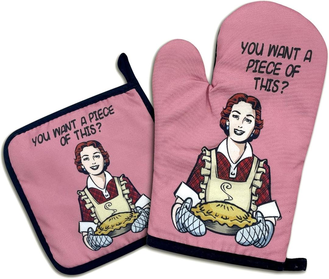 Jxubeuro You Want a Piece of This, Funny Oven Mitts and Pot Holders Sets of 2, Silicone Non-Slip Oven Mitts, Kitchen Gift for Women, Bake Lover Gift, Housewarming Gifts