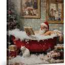 Funny Christmas Bathroom Canvas Wall Art Framed Santa Claus Reading in Bathtub Poster Painting Wall Decor Xmas Cat Picture Artwork for Bathroom Washroom Toilet Decoration, 8x10 Inch