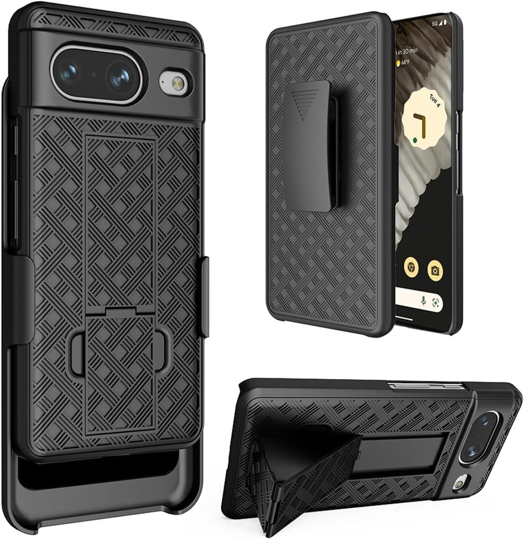 Google Pixel 8 Case Holster, Google Pixel 8 Cover, Swivel Belt Clip Kickstand Holder, Slim Rugged Full Body Armor Shell Protective Pouch Cover for Google Pixel 8 2023 Release, Black