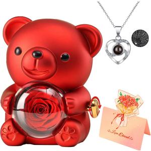 Teddy Bear with Preserved Rose, Romantic Everlasting Rose Bear with I Love You Necklace 100 Languages and Beautiful Gift Box, Mother's Day, Anniversary, Birthday and Valentine's Day Surprise Gifts (Red)