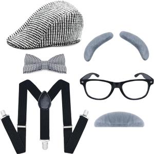 Kids 100 Days of School Costume Set  Fun Old Man Costume Outfit Set with Vintage Hat, Mustache, Glasses for Boys
