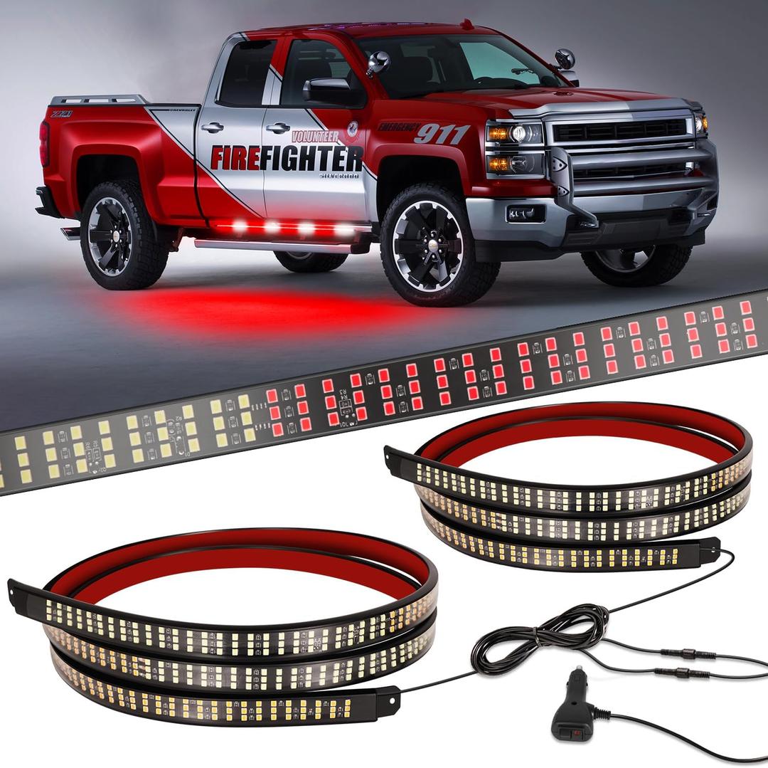 HLauto HL070 2PCS 70inch Emergency Strobe Light Strips: 1,296 LEDs Running Board Safety Warning Flashing Light Red White Firefighter Flexible Hazard Light Bar for Pickup Trucks Construction Vehicles