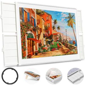 1500 Pieces Rotating Puzzle Board with Drawers and Cover, Dual-Sided Portable Jigsaw Puzzle Table,Tilt&Lazy Susan,Gift for mom Adults (Gray, 1500-piece)