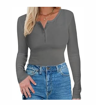 Long Sleeve Shirts for Women, Casual Solid Henley Tops Button Down Shirts, V Neck Blouses Basic Ribbed Knit T Shirts Tunic, Basic Fall Spring T-Shirts for Women for Cocktail Party Holiday (Gray, M)