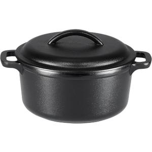 Amazon Basics Pre-Seasoned Cast Iron Mini Dutch Oven Pot with Lid and Dual Handles, Oven Safe, 2-Quart, Round, Black