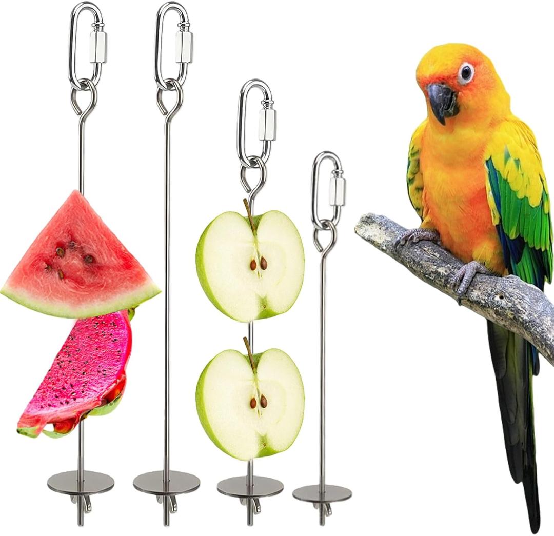 4 PCS Bird Cage Food Holders Stainless Steel Stick Feeder Parrot Fruit Vegetable Skewer Hanging Small Animal Hanging Foraging Accessories for Bird Parakeet Cockatoo Cockatiel