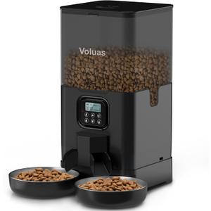 Voluas Automatic Cat Feeder for Two Cats, Double Pet Feeder with 2 Stainless Steel Bowls,6L Timed Cat Feeders with Memory Function (Double Meal Black Transparent)