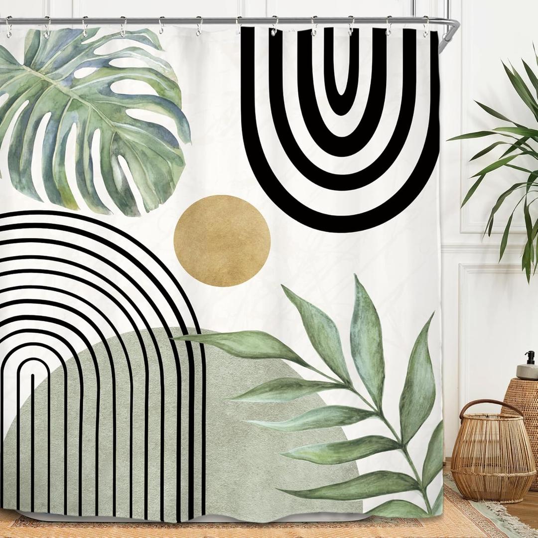 Miyotaa Abstract Light Sage Green Shower Curtain Set 60Wx71H Inches Minimalist Aesthetic Modern Contemporary Plant Leaves Neutral Monstera Mid Century Waterproof Bathroom Curtain with 12 Hooks