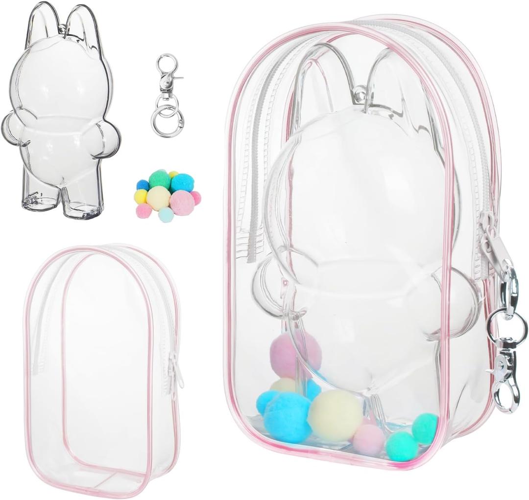 2PCS Clear Figure Display Bag Case for LABU,Cases for Blind Box Doll,Protective Case for Plush Doll,Doll Storage Bag,Clear Hanging Display Case Suitable for Dolls Under 17 CM (Pink)