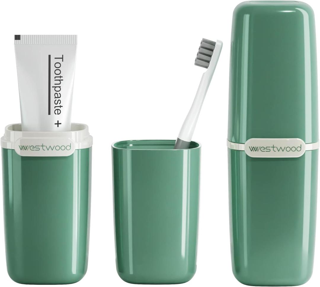 Green Plastic Travel Toothbrush Holder Case with Cover, Portable Travel Toothbrush Cup, Storage Container for School Camping Business Trip Bathroom
