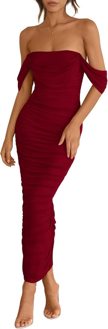 PRETTYGARDEN Womens 2025 Summer Off The Shoulder Dress Ruched Bodycon Sleeveless Split Cocktail Party Maxi Dresses (Medium, Wine Red)