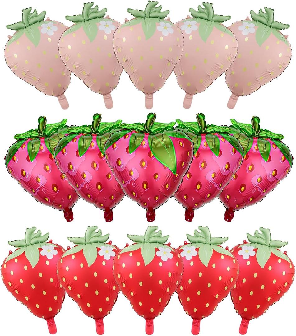 Strawberry Balloons 15 Pcs Cute Sweet Fruit Strawberry Foil Balloon Party Decorations,Pink Red Strawberry Shape Balloons for Baby Shower Berry Themed Party Birthday Decorations Supplies