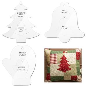 Kigley 3 Set Christmas Acrylic Quilting Template Ruler Christmas Tree Mitten Bell Template Patchwork Quilt Supplies for Use with 10'' Precut Fabric Squares Cutting Patterns Sewing Blanket DIY (Clear)
