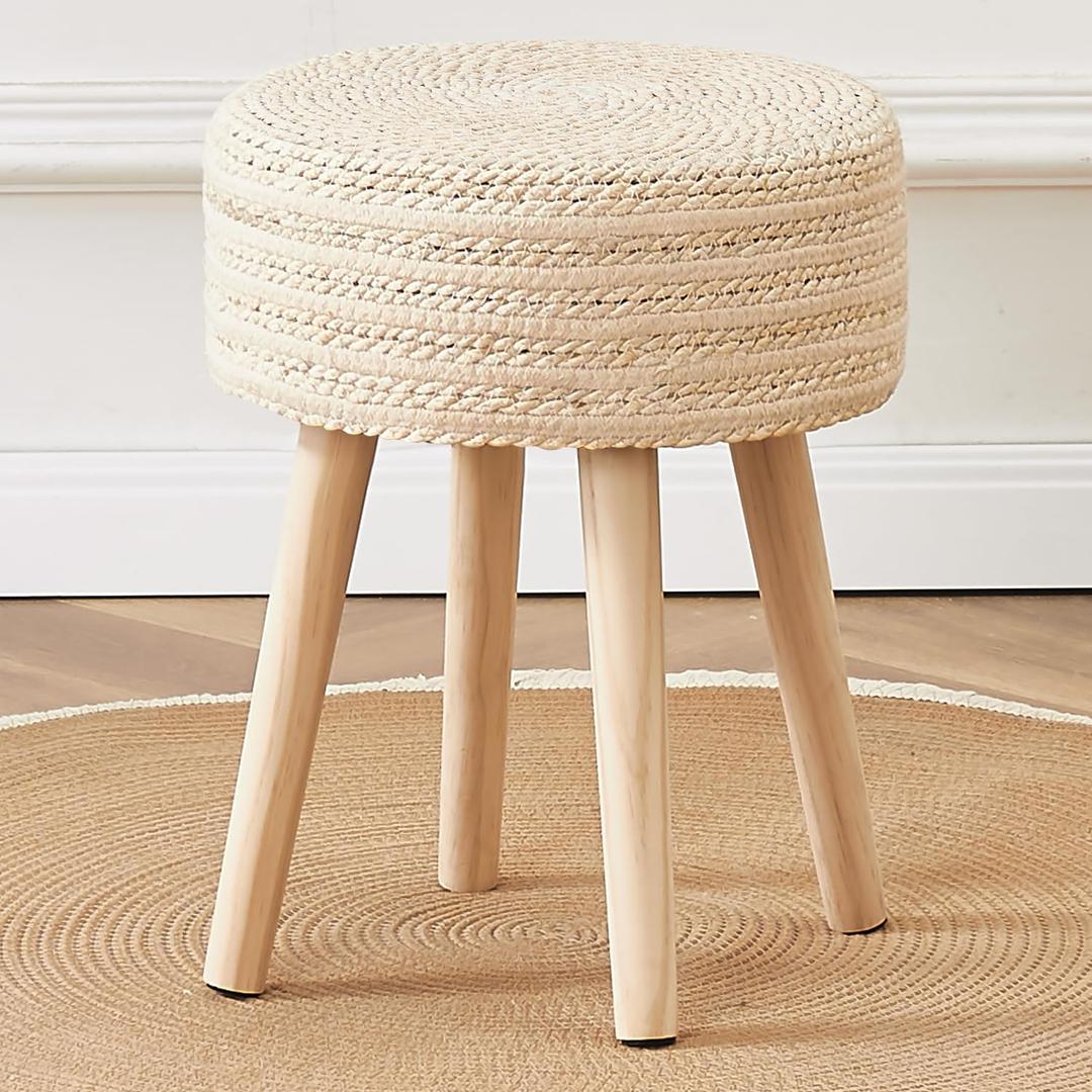 Cpintltr Round Ottoman Footstool Natural Seagrass Foot Stool Pouf Ottomans with Solid Wood Legs Hand Weave Hyacinth Footrest Step Stool for Living Room Balcony Garden Natural & Beige