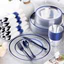 Goodluck 350 Piece Dark Blue Plastic Dinnerware Set for Party, Clear Disposable Plates for 50 Guests, Includes 100Plates, 50 Pre Rolled Napkins with Cutlery Set, 50 Cups, for Graduation, Birthday