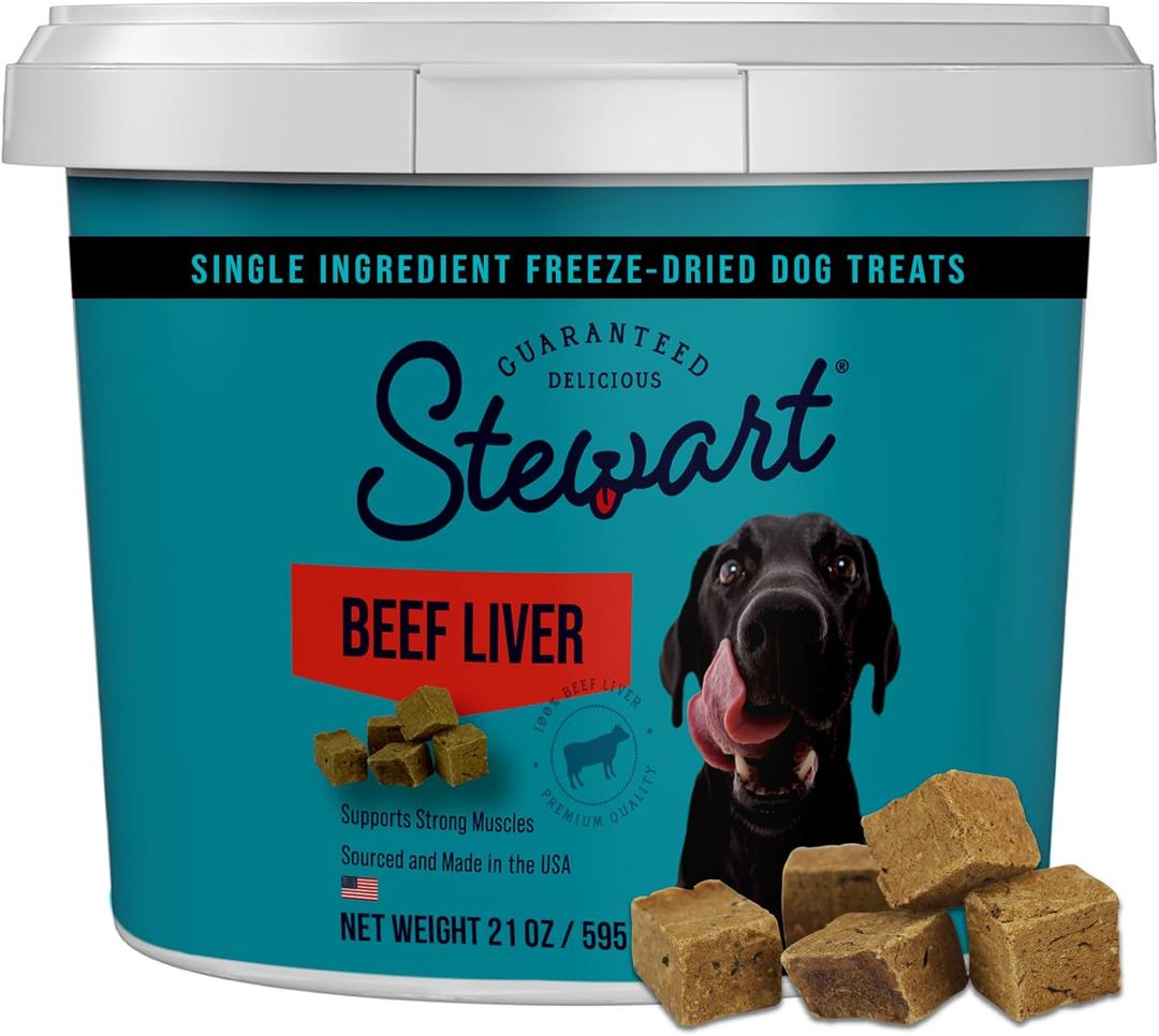 Stewart 100% Beef Liver Dog Treats, 21 oz Tub, ~475 Pieces, Freeze Dried Raw, 50% Protein, Single Ingredient Training Treats or Meal Topper, Grain Free, Gluten Free (EXP 04/06/28)