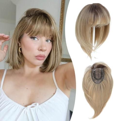 Ms Taj 12 Inch Hair Topper with Bangs, 360° Cover Synthetic Clip in Bangs, 4"x5" Bangs Natural Straight Fiber Hair Toppers for Women, Breathable & Comfortable for Daily Wear(Ombre Brown Blonde)