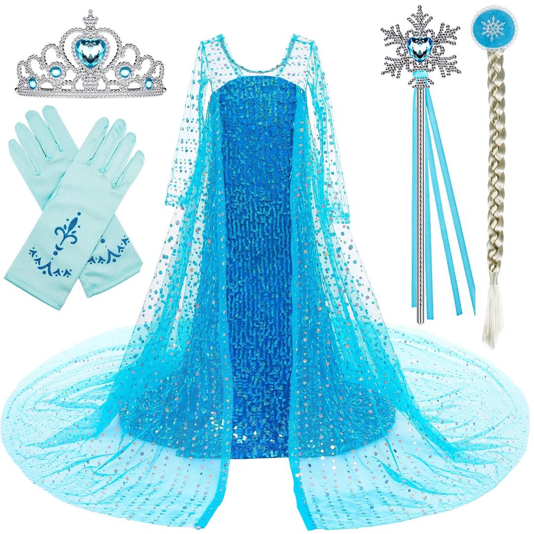 Foierp Elsa Dress Up for Girls Princess Ice Queen Costume with Accessories Set for Kids Fancy Dress for Birthday Halloween Wedding
, Braid 110