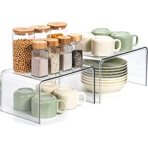 Clear Cabinet Organizer, Shelf Organizer Set of 2 for Kitchen Organizers and Storage, Display Pantry Cabinet Shelf Room Decor Countertop Desk Organizer Shelves, Patented Spice Organization for Cabinet