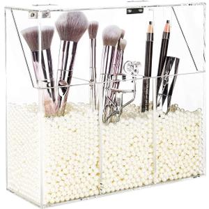 YestBuy Clear Makeup Brush Holder, Acrylic Makeup Brush Organizer For Vanity, Cosmetic Brush Storage Box with Pearls, For Bathroom, Bedroom, Vanity Countertop