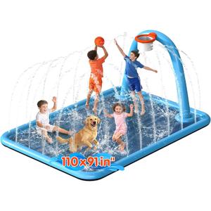 Instraella Splash Pad, 110x91'' 2-in-1 Large Sprinkler Mat with Basketball Hoop and Arch for Kids Outdoor Play, Shoot Game for Backyard, Inflatable Water OutdoorToys More Fun for Boys and Girls, Square 110*91 in