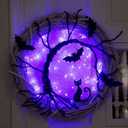 Halloween Wreaths for Front Door, 15 Inch Halloween Lighted Wreath with Bat and Cat Decor, 40 LED Purple Lights Battery Operated, Front Door Porch Wreath Decorations for Holiday Party (Purple)