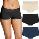 Maidenform Women's Underwear Boy Shorts Pack, 3-Pack, Stretch Cotton Underwear Women Pack, Comfy Boy short Panties for Women (Latte Lift/Black/Navy) M