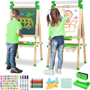 JOYOOSS Easel for Kids - Adjustable Wooden Art Easel With Paper Roll, Magnetic Double Sided Dry Erase Board, Outdoor Easel for Toddlers, Green