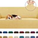 KEKUOU Stretch Sofa Cover Slipcover Couch Covers for 3 Cushion Couch Sofa pet Friendly (78"-94") Furniture Protector Sofa with Elastic Bottom for Kids,Dog, Jacquard Small Checked(Large,Champagne)