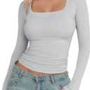 YOGINGO Womens Long Sleeve Shirt Square Neck Basic Slim Fit Tees Fall Y2k Going Out Crop Tops Cute Tight Shirts (Gray, M)