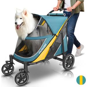 Petbobi Dog Stroller for Medium Dogs - Easy Fold Dual Entry Pet Stroller with One-Foot Brake, All Terrain Wagon Cart with Large Air Mesh, Ideal for Large Senior Pets up to 80 lbs, Green (Green&Yellow)