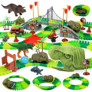 Dinosaur Track Race Car Toys - Birthday Toys Gifts for 3 4 5 6 7 Year Old Boys Girls - Flexible Dinosaur Track Car Set with Light - Create a Dinosaur Adventure World