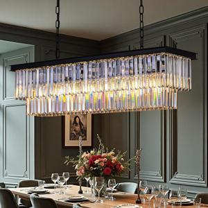 Rectangle Dining Crystal Chandelier, L39 Hanging Pendant Light with Adjustable 59" Wire, K9 Crystals, E12 Bulbs Base, Modern Ceiling Light Fixture for Kitchen Island