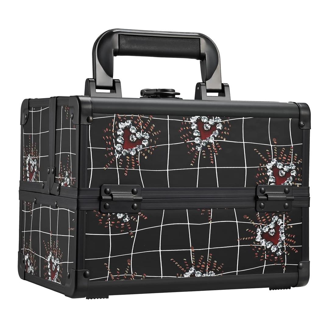 Joligrace Makeup Train Case Portable Makeup Case Organizer 2 Trays Cosmetic Box Storage with Mirror Lockable with Key for Cosmetics Nail Tech Traveling Makeup Travel Box Punk Love Hearts (Red Black)