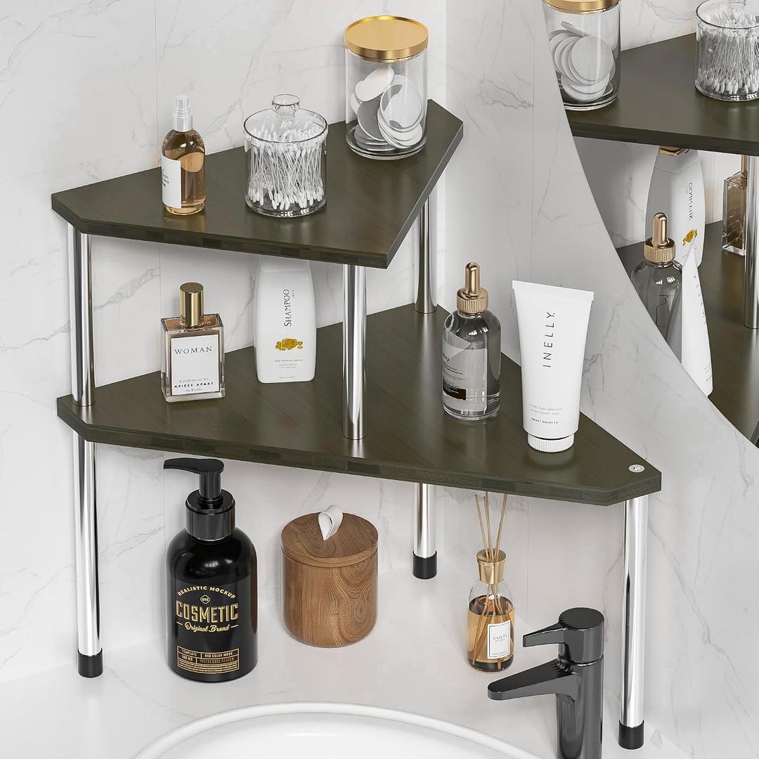 Weenson Bathroom Counter Organizer Corner Shelf - 2 Tier Bathroom Organization Bamboo Bathroom Sink Shelf Kitchen Countertop Organizer Adjustable Free-Standing Counter Storage Shelf(Antique), Medium