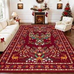 9x12 Area Rugs Living Room Rug: Christmas Washable Rug Floral Soft Carpet Indoor Floor Non-Slip Boho Stain Resistant Large Carpets for Bedroom Kids Nursery Dining Room Farmhouse Home Office Red
