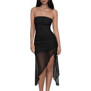 GOKATOSAU Women's Strapless Summer Mesh Ruched Split Asymmetric Ruffle Hem Bodycon Midi Dress (Black, XL)