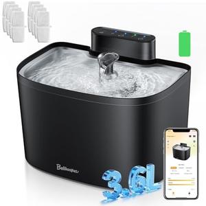 Cat Water Fountain, App Control Wireless Cat Fountain, 122oz/3.6L Pumpless Water Fountains for Cats Indoor with Stainless Steel Tray, Wi-Fi Dog and Pet Water Fountain (Black, Fountain+8 Fliters)