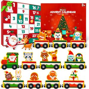 2025 Christmas Advent Calendar Gifts for Kids, Commodum Magnetic Wooden Animals Train Set, 24 Days Advent Calendar Countdown Gifts for Toddlers Boys Girls, Montessori Toys Xmas Surprise Holiday Gifts