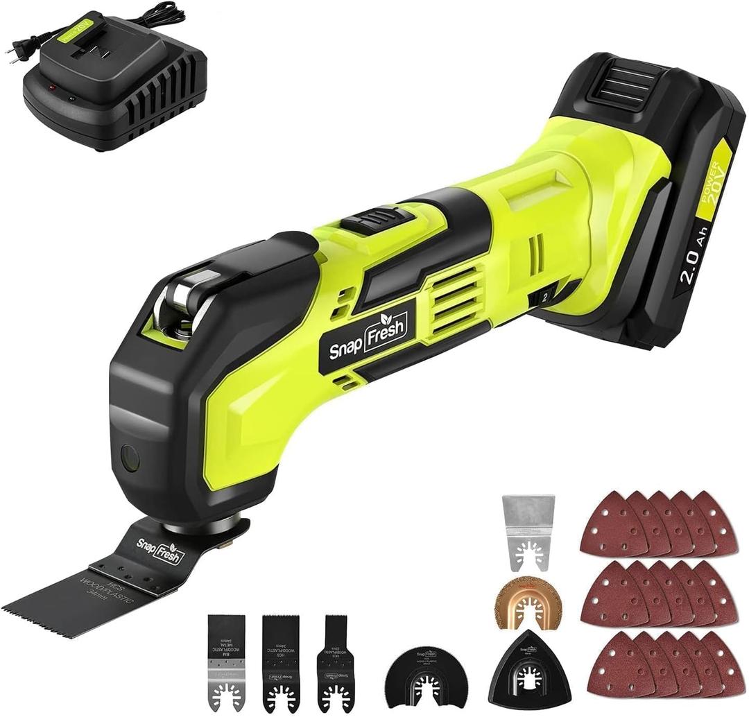 SnapFresh Oscillating Multi Tool Cordless, 20V DIY Tool Kit, 6 Speed, 3.2Oscillation Angle, Quick-Lock Replaceable, 24pcs Accessories, Battery & Fast Charger, For Scraping, Blades Sanding, Cutting