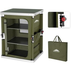 EAGLE PEAK Outdoor Folding Camping Table with Large 3-Tier Storage Organizer and Side Pockets, Easy Set Up Portable Aluminum Camping Kitchen, Green (18.9 x 23.6 x 31.5 IN)