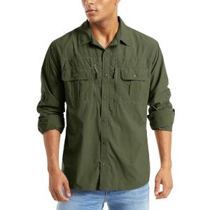 MAGCOMSEN Men's UPF 50+ Sun Protection Shirts, Button Down Long Sleeve Shirt for Hiking, Fishing, Safari Army Green, Large