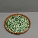 Round Rattan Tray with Mother of Pearl Inlay, Decorative Wicker Serving Tray with Wooden Base, Woven Basket Trays for Bread Fruits Coffee, Leaf
