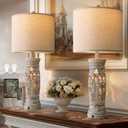 BOBOMOMO 27.25 Rustic Farmhouse Table Lamps Set of 2  Vintage Bedside Lamps with Night Light & USB A+C Ports, Retro Lamps for Bedroom, Living Room, Entryway, Cozy Corner (Bulbs Included) (Distressed Light Wood)