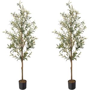 Artificial Fake Olive Tree 5FT Tall 2Pack Faux Silk Olive Tree for Home Living Room Office Decor Faux Artificial Plants Indoor Fake Potted Plants with Fruit & Free Moss