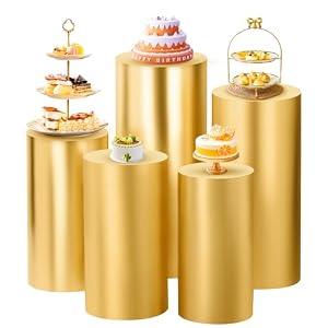 SaitiMade Set of 5 - Gold Cylinder Pedestal Stand Covers, Flexible Cylinder Stand Covers for Party, Wedding or Birthday Event Decor - Only Contains Cylinder Covers