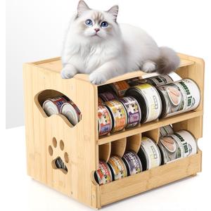 Upgraded Bamboo Cat Food Can Organizer - FIFO Pantry Storage Rack, Holds 42 (3oz) Cans, Stackable Pet Food Can Organizer for Kitchen Pantry (1)