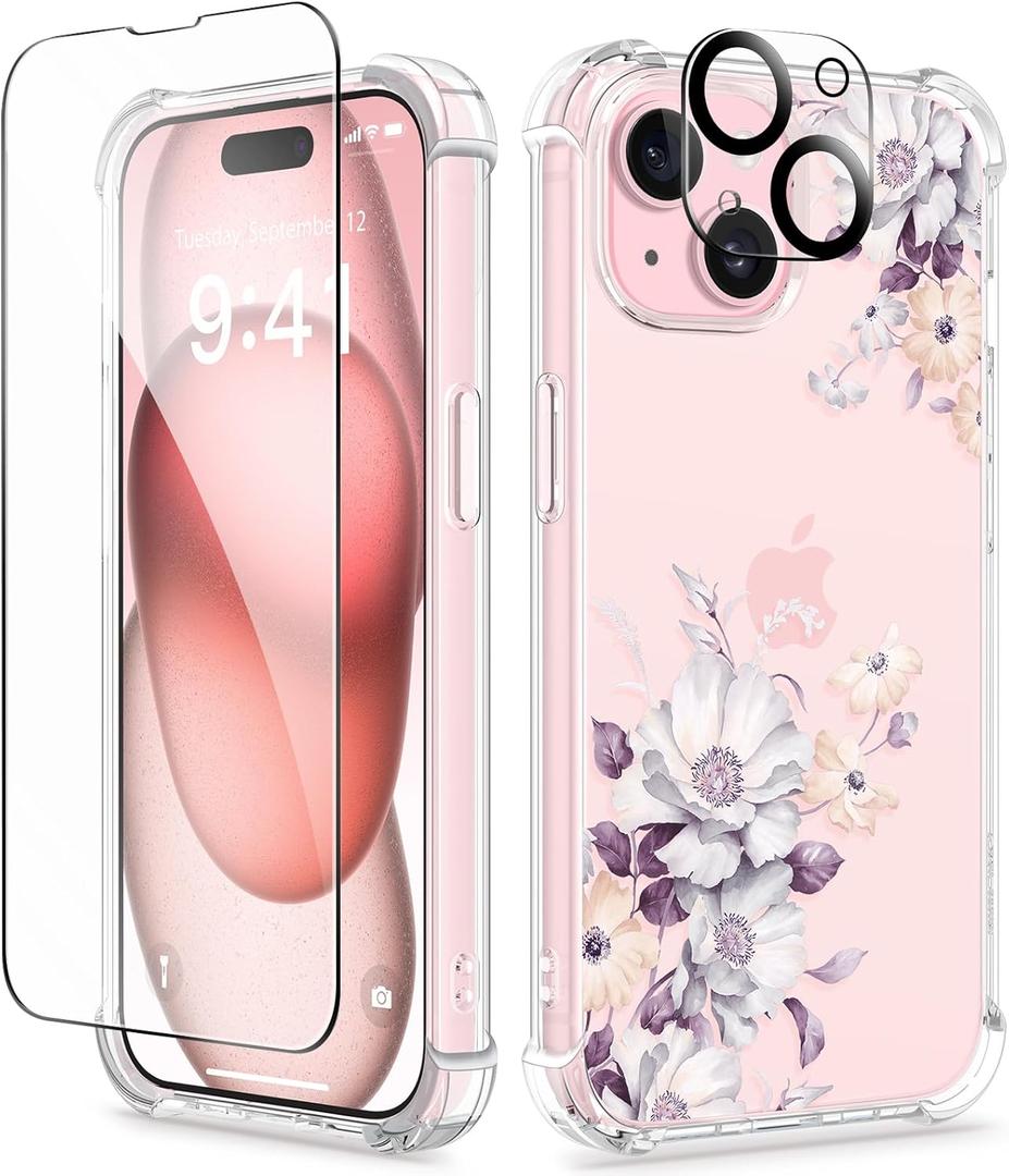 GVIEWIN for iPhone 15 Plus Case, [3 in 1] with Screen Protector & Camera Lens Protector, Clear Soft Shockproof Slim Fit Floral Phone Cover for Women Girls 2023 6.7" (Aster/Purple)