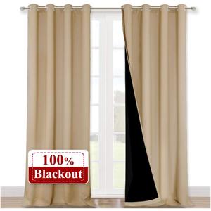 NICETOWN Thermal Insulated 100% Blackout Curtains, Biscotti Beige, 1 Pair, 52 inches x 102 inches, Sound Proof Drapes with Black Backing, Full Light Blocking Panels for Patio Sliding Door
