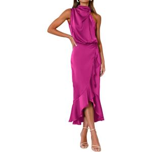 KIRUNDO Women 2026 Spring Summer Satin Mock Neck Wedding Guest Party Cocktail Midi Dress Sleeveless Wrap Ruffle Formal Dress (Pink, S)